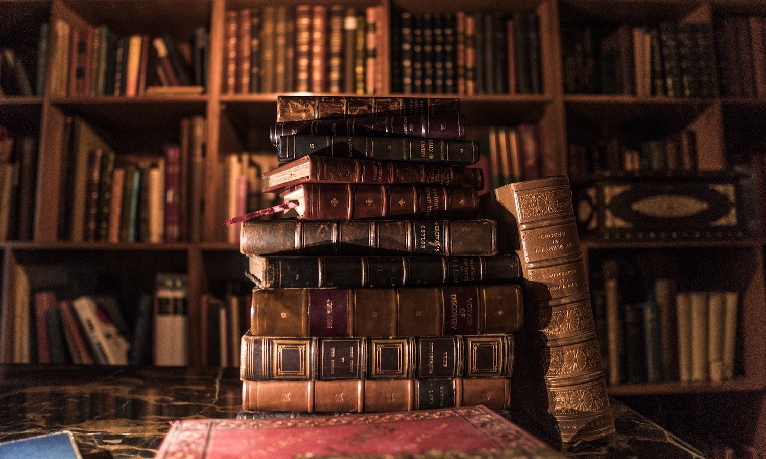 A stack of antiquarian leather-bound legal volumes